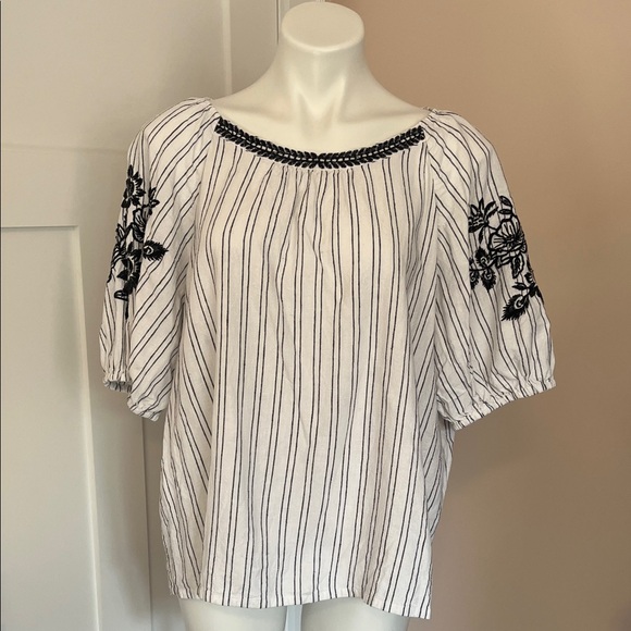 LOFT Tops - LOFT Black and White Striped Blouse with Embroidery